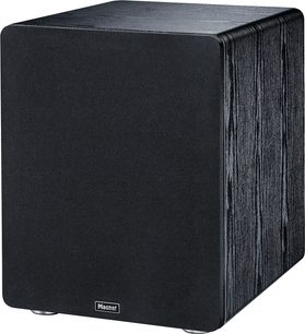 Siyah Alpha RS 12 subwoofer, ön yüzü dikdörtgen siyah, yanları ahşap deseniyle dokulu, köşeleri yuvarlatılmış, açılı görüntü