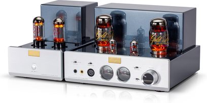 Preamplificatore per cuffie Cayin HA-6A MK2 argento, metallo spazzolato, vista tre quarti, valvole, VU-metri, prese jack e XLR