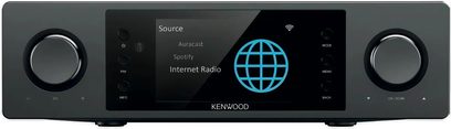 Integreret stereoforstærker Kenwood KSA-DX1 sort, set forfra, med Internet Radio-skærm og to drejeknapper