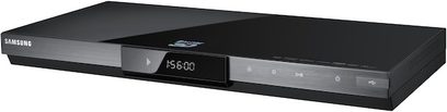 Samsung BD-C6800 sort Blu-ray-afspiller, frontpanel med display, diskskuffe, blå trykfølsomme knapper
