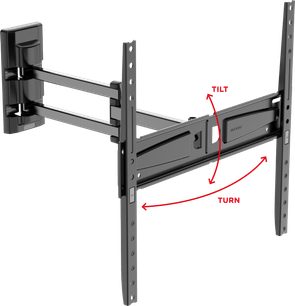 Vægbeslag til TV Meliconi FDR 400 FLAT FB, sort metalstruktur, justerbare arme, sidevisning, røde pile der angiver hældning og rotation