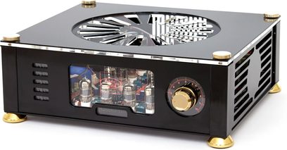 AudioValve Assistent 50 black hi-fi stereo amplifier, front view, black faceplate with knobs, vacuum tube display, chrome grilles