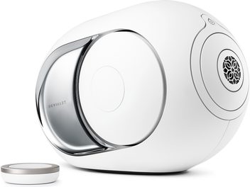 Draadloze luidspreker Devialet Phantom I 103 dB wit, ovale vorm, ronde speaker, verchroomde accenten
