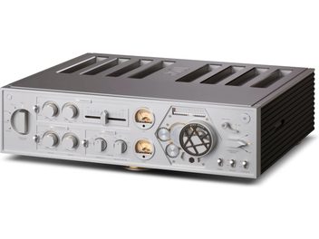 Amplificador hi-fi estéreo Rose RA180 plateado, panel frontal con botones, perillas, medidores VU, tomas para auriculares y micrófono, panel negro