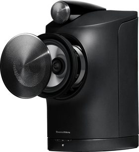 Bowers & Wilkins Formation Duo højttaler i sort, set forfra, med sfærisk diskant på cylindrisk mat sort højttaler