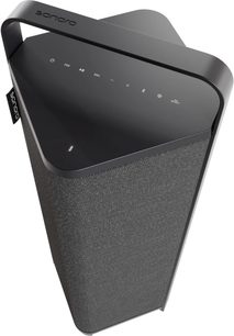 Přenosný Bluetooth reproduktor Sonoro Vibes XL v černé barvě s integrovaným madlem, čelní textilní mřížkou v šedé barvě a horními dotykovými ovládacími prvky
