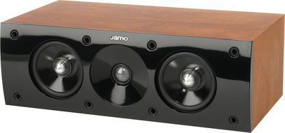 Jamo S-606 HCS3 æbletræ center højttaler, 3 sorte runde højttalere på forsiden af den lyse træoverflade, set forfra