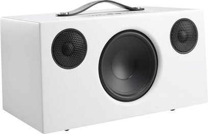 Enceinte Audio Pro ADDON C10 blanc, vue de face, avec haut-parleur circulaire central noir et deux haut-parleurs latéraux