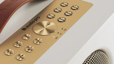 Kahverengi saplı, altın rengi kontrollü ve petek desenli ızgaralı beyaz Audio Pro taşınabilir hoparlör