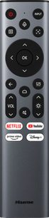 Telecomandă Hisense, vedere din față, butoane negre și albe, logo-uri Netflix, YouTube, Prime Video, Disney+, finisaj gri