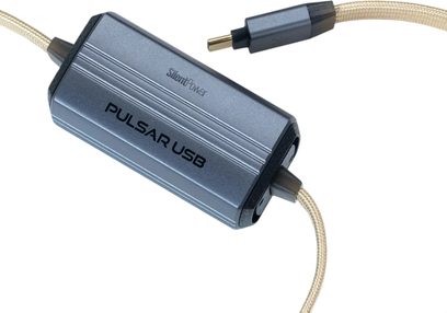Cavo USB Silent Power by ifi Audio Pulsar USB con corpo grigio bluastro e cavo beige intrecciato