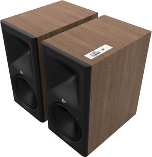 Klipsch The Nines II Walnuss Paar vernetzter Lautsprecher mit schwarzer Front und Drehregler auf der Oberseite