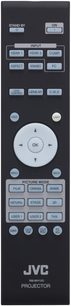 Sort JVC RM-MH12G fjernbetjening til videoprojektor, set forfra, med grå knapper og LCD-skærm øverst