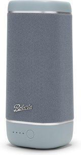 Bluetooth-Lautsprecher Roberts Reunion in Himmelblau, Kunststoffgehäuse und Stoffgitter, Frontansicht, Logo, runder Knopf und 4 LEDs