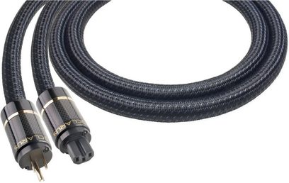 Clarus Aqua 2 m toitekaabel musta ja sinise punutud kattega, mustad silindrilised pistikud kuldsete detailidega
