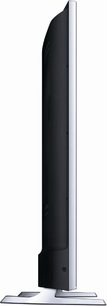 Samsung UE65HU7100 fladskærms-TV, set fra siden, flad skærm, smal sort ramme, rektangulær sølvfarvet fod