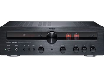 Svart Magnat MR 780 hi-fi stereoanlegg, frontpanel med knapper, rattkontroller, hodetelefonutgang og mikrofoninnganger, LED-display, forfra