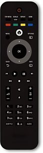 Sort fjernbetjening med flerfarvet knapper, LCD-skærm, numerisk tastatur og central navigationshjul