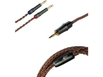 Cabos de áudio trançados marrons com conectores jack de 3,5mm banhados a ouro nas cores preta, vermelha e azul, da marca Meze Audio