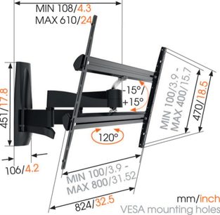 Vægbeslag til vippende og drejelig TV Vogel's WALL 3450 sort, minimum- og maksimummål angivet på teknisk diagram