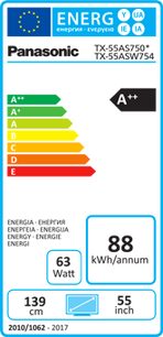 Europæisk energimærke A++ for en 139 cm Panasonic TX-55AS750 TV med et årligt energiforbrug på 88 kWh/år og 63 watt