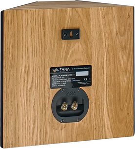 Taga Harmony Platinum S-100 V.4 Rücklautsprecher aus Eichenholz, Frontansicht mit Lautsprechern und Typenschild