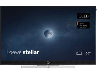 Loewe Stellar 65 DR+ melns televizors, plakans 65 collu ekrāns uz sudrabotas pamatnes, skats no priekšpuses