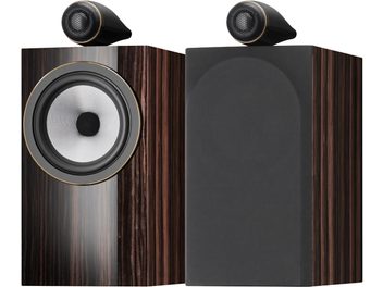 Primi piani di un diffusore da scaffale Bowers & Wilkins 705 S3 Signature in legno scuro, tweeter e midrange dorati