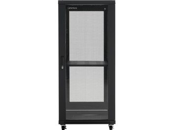 Must rack Norstone Pro Rack 27U musta värvi, kärgstruktuuriga perforatsiooniga esipaneel, külgmine käepide ja nähtavad rattad