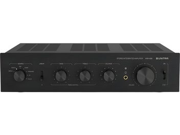 Ampli hi-fi stéréo Unitra WSH-605 must, metallist harjutatud korpus, esivaade, suur helitugevuse nupp, kuulokiliides