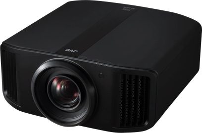 JVC DLA-NZ9 black projector, front view slightly angled, centered lens, side ventilation grilles