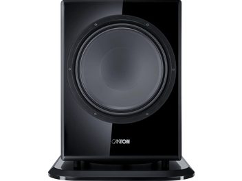 Canton Vento Sub 1 subwoofer i blank sort, set forfra med stor cirkulær højttaler på sokkel