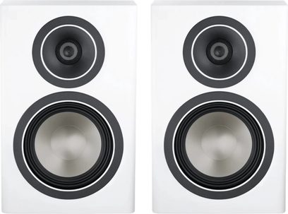 Coppia di diffusori da scaffale Canton Townus 10 bianchi, frontale a due vie con tweeter nero e woofer grigio bordati di nero