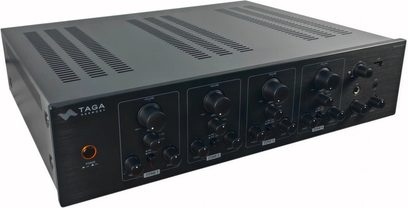 Hi-fi stereo forstærker Taga Harmony TA-900MULTI, set fra trekvart venstre forfra, sort front, 4 kontrolzoner, volumenkontrol, tænd/sluk-knap med orange indikatorlys