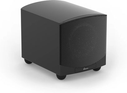 Subwoofer GoldenEar Forcefield 40 nero satinato, vista frontale, forma cubica arrotondata, griglia nera sulla parte anteriore