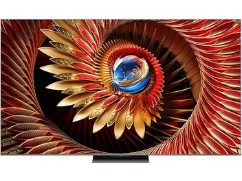 TCL 75C8K -teräväpiirtotelevisio, musta, ohut metallikehys, keskijalustalla, suuri 75 tuuman tasokuvaruutu, etunäkymä