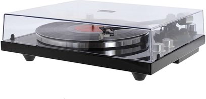 Enova HIFI Vision 3 USB sort pladespiller, set oppefra, gennemsigtig pladedæksel, tonarm, gennemsigtig støvbeskyttelseskappe