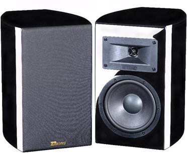 Davis Acoustics Clint sort højttaler i lakeret sort, set forfra og fra siden, med diskant og mellemtone/bas-højttaler