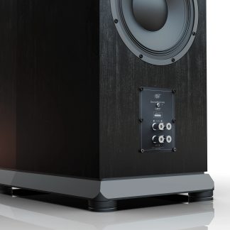 Kolumna hi-fi MoFi SourcePoint V10 czarna, widok z tyłu, widoczny głośnik niskotonowy i podwójny terminal głośnikowy na tylnym panelu