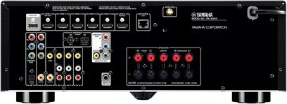 Yamaha RX-A550 sort hjemmebiografsforstærker, frontpanel med audio/video-tilslutninger, knapper og drejeknapper til justering
