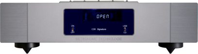 Metronome Technologie CD8 USB sidabrinės spalvos CD grotuvas, priekinis vaizdas, mėlynas "OPEN" ekranas, ON/OFF ir USB/CD mygtukai