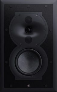 Indbygget væghøjttaler in-wall Perlisten R4i-LCRS, set forfra, rektangulært sort panel, 2 cirkulære højttalere, 1 diskant