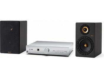 Ezüst Elipson Maia S2 hifi rendszer két fekete, aranyszínű hangszórókkal ellátott könyvespolc hangsugárzóval