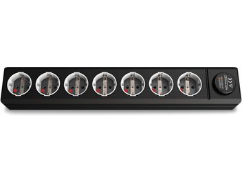 Multiprise EAT Essential Audio Tools MM7 черна с 7 кръгли червени штепселни гнезда и превключвател отстрани, изглед отпред