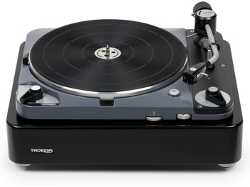 Thorens TD 124 DD hi-fi turntable, black chassis, circular platter, metal tonearm, high-end retro look
