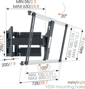 Teknisk diagram med dimensioner af en drejelig VESA vægbeslag til TV fra Vogel's THIN 550 i aluminium og stål, set fra siden