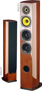 Sloupová reprosoustava Davis Acoustics Sisley třešeň, pohled zepředu a z profilu, 4 reproduktory, žlutý tweeter, tmavé dřevo
