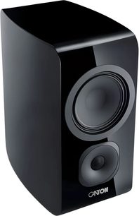 Altavoz de estantería Canton Vento 31 negro lacado, vista en tres cuartos con frontal brillante y dos altavoces