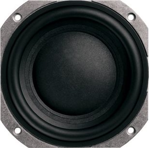 Bowers & Wilkins XTC sort højttaler, tæt forfra, sort membran i grå metalramme, 4 synlige skruer