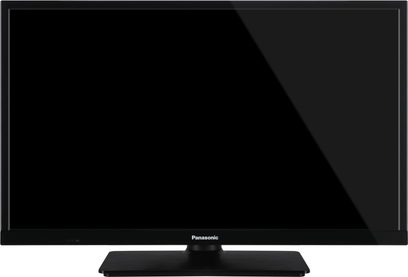 Panasonic TX-24J330E fladskærms-tv slukket, sort rektangulær fladskærm, smal sort ramme, mat sort rektangulær base